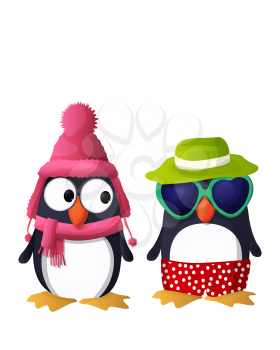 Vector penguin characters dressed in winter and summer clothes over white background