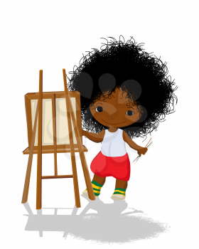 Little girl artist with easel and brushes, vector isolated over white