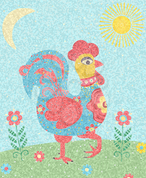 Mosaic tiles composition with a colored rooster on the field