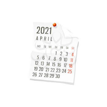 2021 Calendar on white paper, April. Editable vector over white background