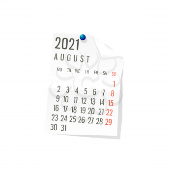 2021 Calendar on white paper, August. Editable vector over white background