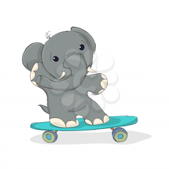 Elphant riding a skateboard, vector cartoon character over white background