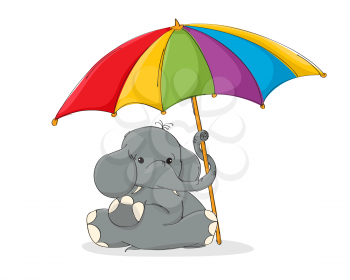 Cute elephant sit under colored umbrella. Vector illustration for clildren and baby clothes print. Baby shower template