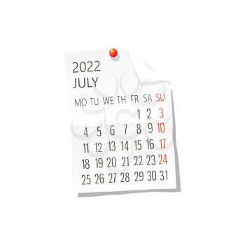 2022 Calendar on white paper, July. Editable vector over white background