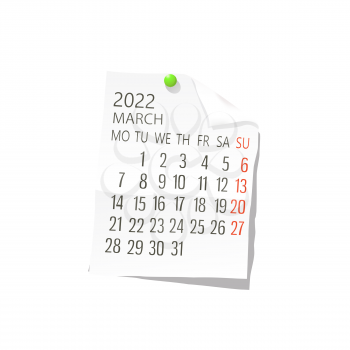 2022 Calendar on white paper, March. Editable vector over white background
