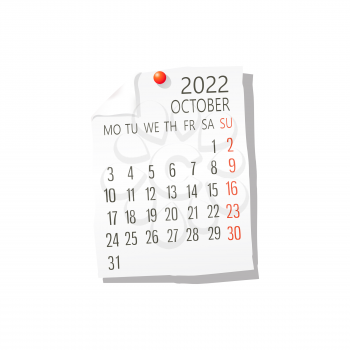 2022 Calendar on white paper, October. Editable vector over white background
