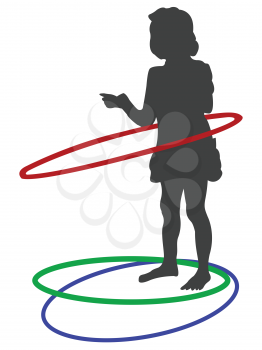 silhouette of girl playing with circles against white background, abstract vector art illustration