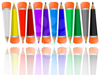 reflected pencils collection with rubbers against white background, abstract vector art illustration; image contains opacity mask
