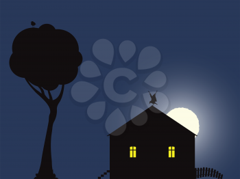 night scene with house, birds and moon; abstract vector art illustration