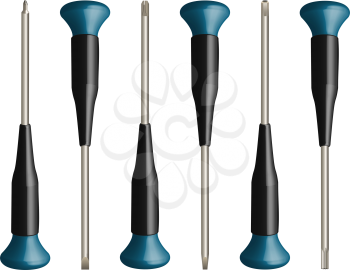 various screw drivers set against white background, abstract vector art illustration