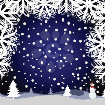 winter landscape with pine trees and snowman over snowy field, abstract vector art illustration