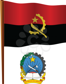 angola wavy flag and coat of arms against white background, vector art illustration, image contains transparency