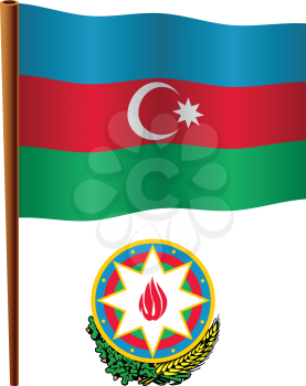 azerbaijan wavy flag and coat of arms against white background, vector art illustration, image contains transparency