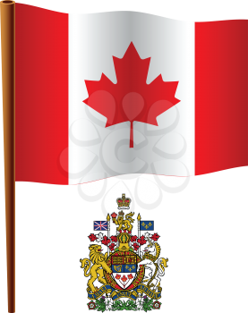 canada wavy flag and coat of arms against white background, vector art illustration, image contains transparency