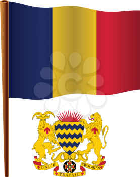chad wavy flag and coat of arms against white background, vector art illustration, image contains transparency