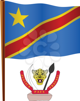 democratic republic of the congo wavy flag and coat of arms against white background, vector art illustration, image contains transparency