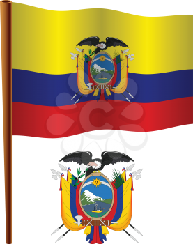 ecuador wavy flag and coat of arms against white background, vector art illustration, image contains transparency
