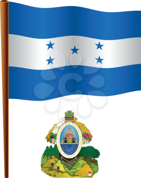 honduras wavy flag and coat of arms against white background, vector art illustration, image contains transparency