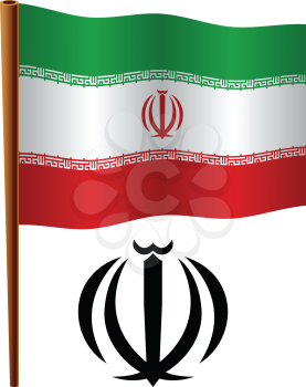 iran wavy flag and coat of arms against white background, vector art illustration, image contains transparency