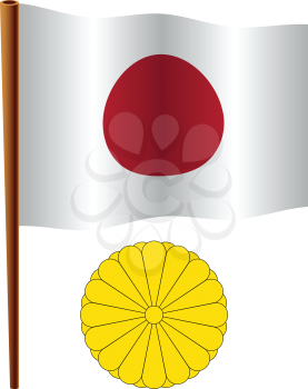 japan wavy flag and coat of arms against white background, vector art illustration, image contains transparency