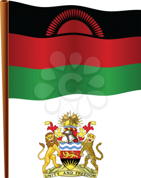 malawi wavy flag and coat of arm against white background, vector art illustration, image contains transparency