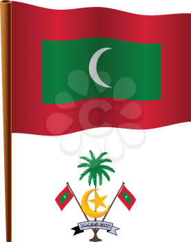 maldives wavy flag and coat of arm against white background, vector art illustration, image contains transparency