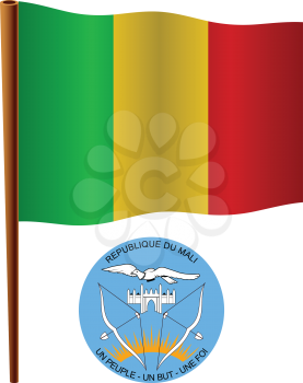 mali wavy flag and coat of arm against white background, vector art illustration, image contains transparency