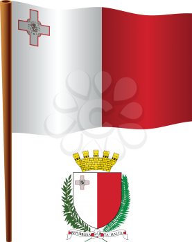 malta wavy flag and coat of arm against white background, vector art illustration, image contains transparency