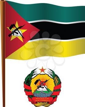 mozambique wavy flag and coat of arm against white background, vector art illustration, image contains transparency