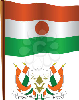 niger wavy flag and coat of arms against white background, vector art illustration, image contains transparency