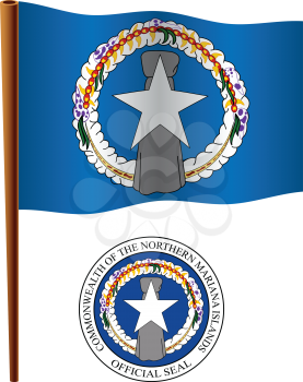northern mariana island wavy flag and coat of arm against white background, vector art illustration, image contains transparency