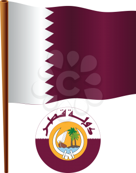 qatar wavy flag and coat of arm against white background, vector art illustration, image contains transparency
