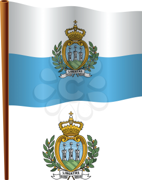 san marino wavy flag and coat of arm against white background, vector art illustration, image contains transparency
