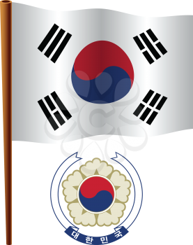 south korea wavy flag and coat of arm against white background, vector art illustration, image contains transparency