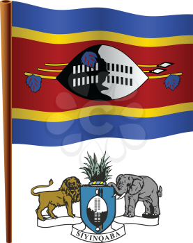 swaziland wavy flag and coat of arm against white background, vector art illustration, image contains transparency