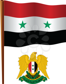 syria wavy flag and coat of arm against white background, vector art illustration, image contains transparency
