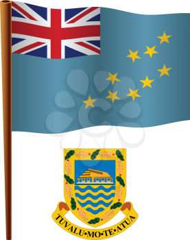 tuvalu wavy flag and coat of arm against white background, vector art illustration, image contains transparency