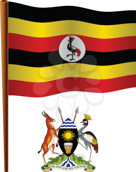 uganda wavy flag and coat of arm against white background, vector art illustration, image contains transparency