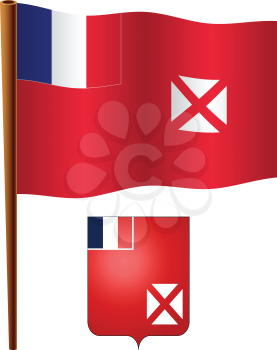 wallis and futuna wavy flag and coat of arm against white background, vector art illustration, image contains transparency