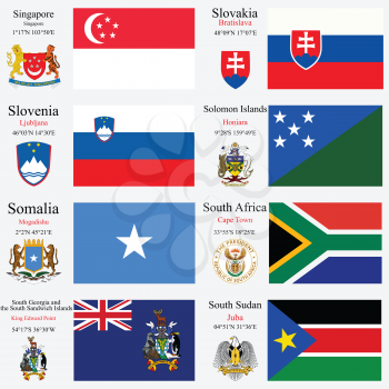 world flags of Singapore, Slovakia, Slovenia, Solomon Islands, Somalia, South Africa, South Georgia and the South Sandwich Islands and South Sudan, with capitals, geographic coordinates and coat of ar