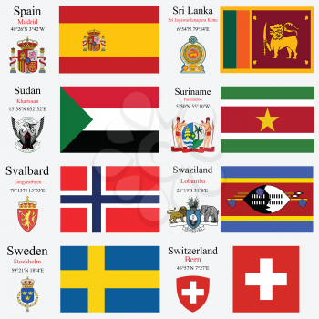 world flags of Spain, Sri Lanka, Sudan, Suriname, Svalbard, Swaziland, Sweden and Swiss Confederation, with capitals, geographic coordinates and coat of arms, vector art illustration