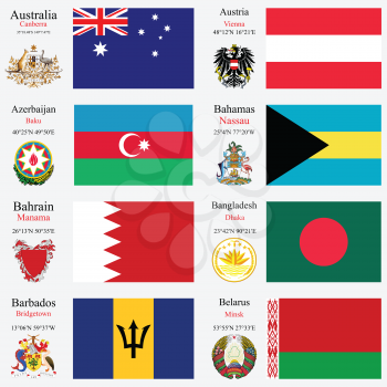 world flags of Australia, Austria, Azerbaijan, Bahamas, Bahrain, Bangladesh, Barbados and Belarus, with capitals, geographic coordinates and coat of arms, vector art illustration