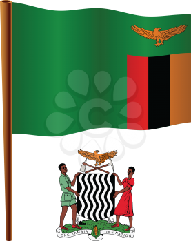 zambia wavy flag and coat of arm against white background, vector art illustration, image contains transparency