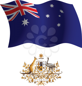 australia wavy flag and coat of arms against white background, vector art illustration, image contains transparency