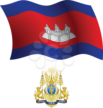 cambodia wavy flag and coat of arms against white background, vector art illustration, image contains transparency