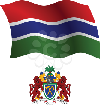gambia wavy flag and coat of arms against white background, vector art illustration, image contains transparency