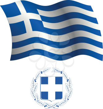 greece wavy flag and coat of arms against white background, vector art illustration, image contains transparency