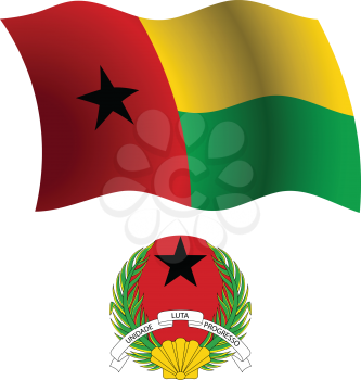 guinea bissau wavy flag and coat of arms against white background, vector art illustration, image contains transparency