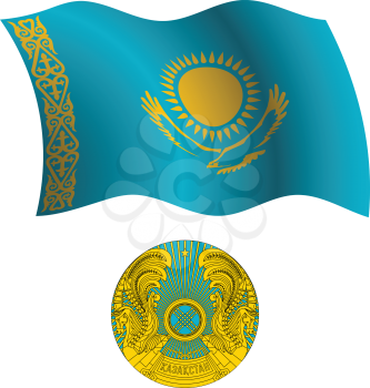 kazakhstan wavy flag and coat of arms against white background, vector art illustration, image contains transparency