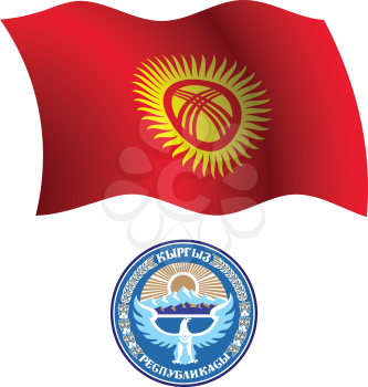 kyrgyzstan wavy flag and coat of arm against white background, vector art illustration, image contains transparency